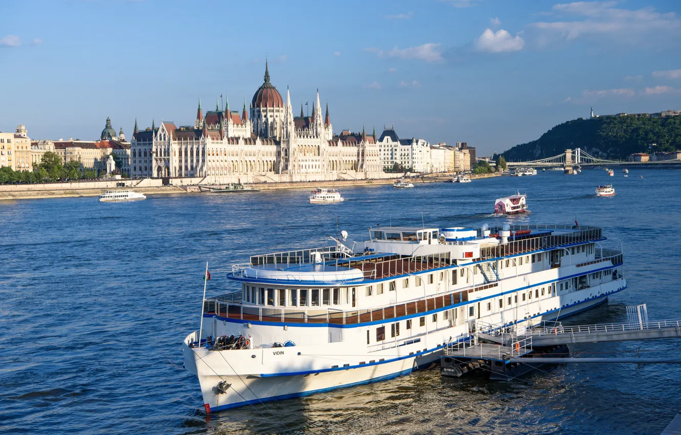 Photo wallpaper river, ship, Parliament, Hungary, Budapest, The Danube