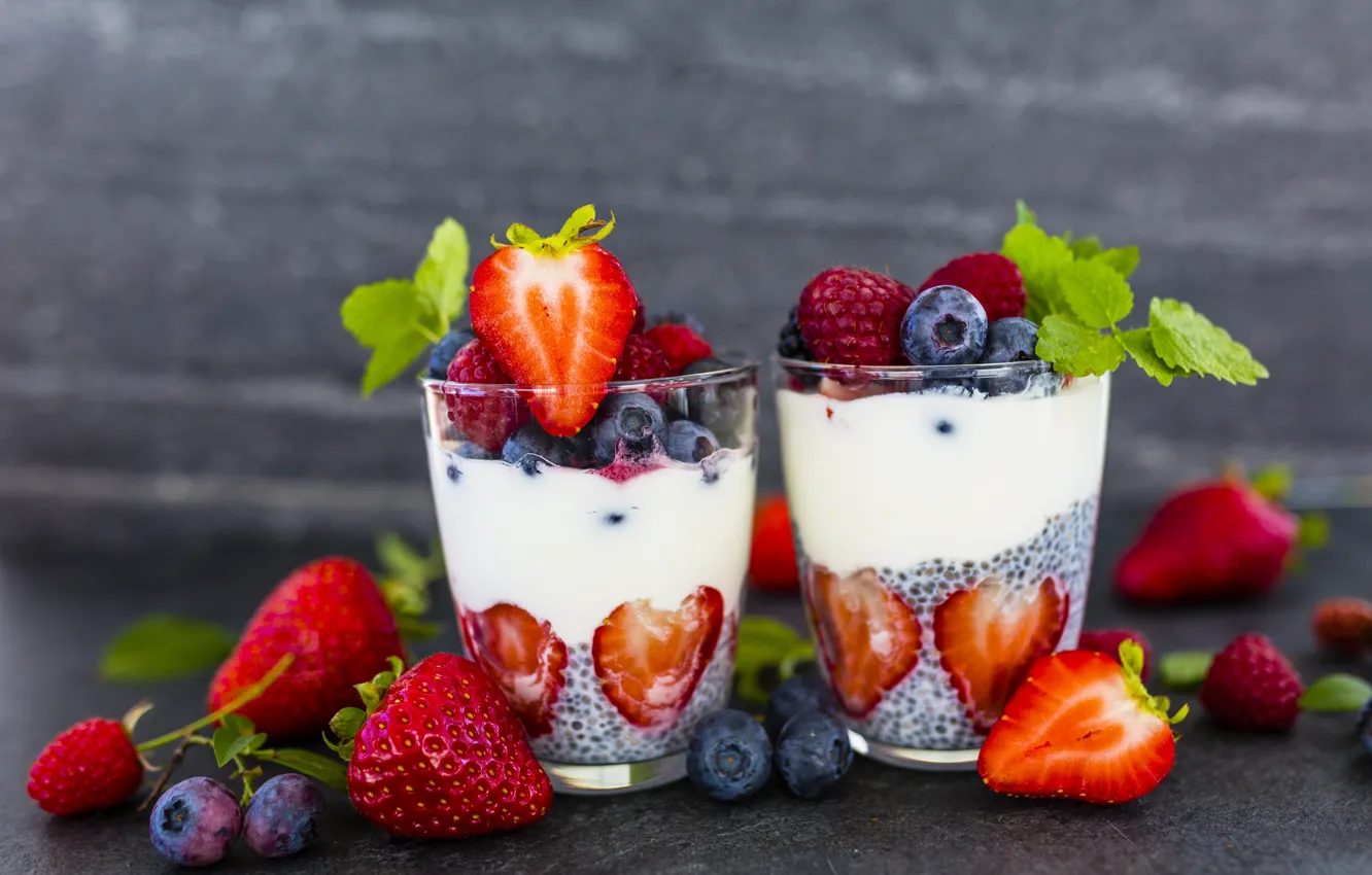 Photo wallpaper berries, raspberry, milk, blueberries, strawberry, fresh, mint, dessert