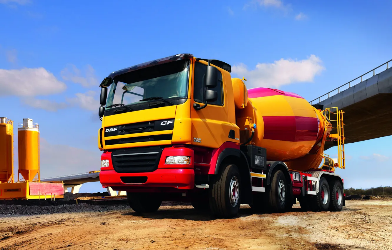 Photo wallpaper construction, DAF, DAF, platform, EEV, 8x4, concrete mixer, yellow-red