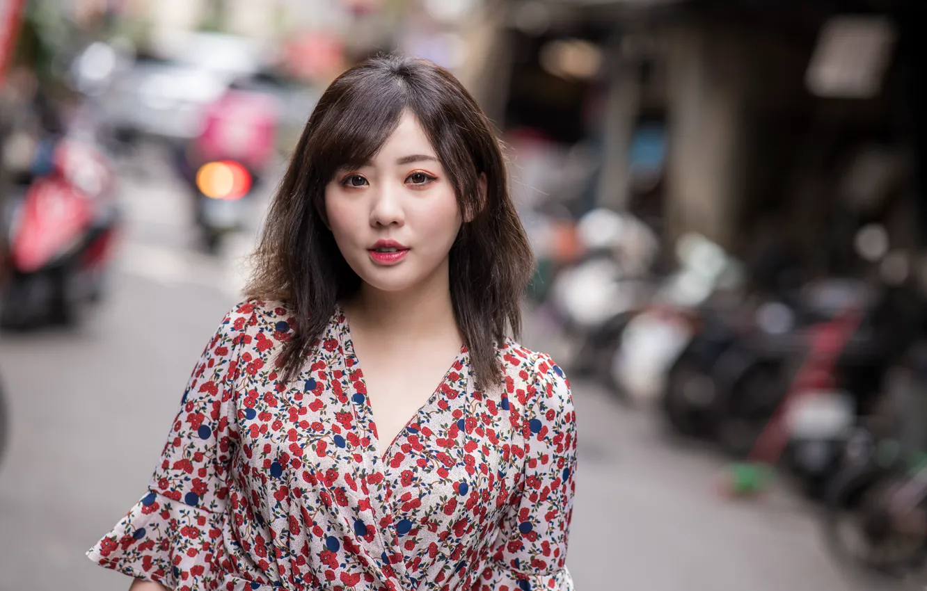 Photo wallpaper look, girl, dress, Asian, bokeh