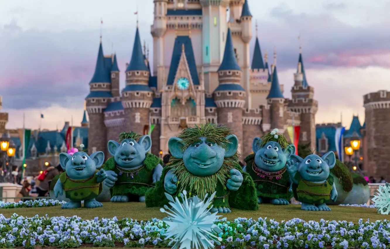 Photo wallpaper flowers, castle, lawn, Disneyland, Troll