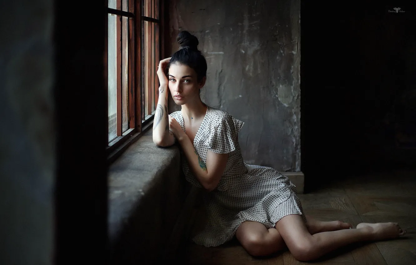 Photo wallpaper look, pose, hands, dress, window, hairstyle, on the floor, window