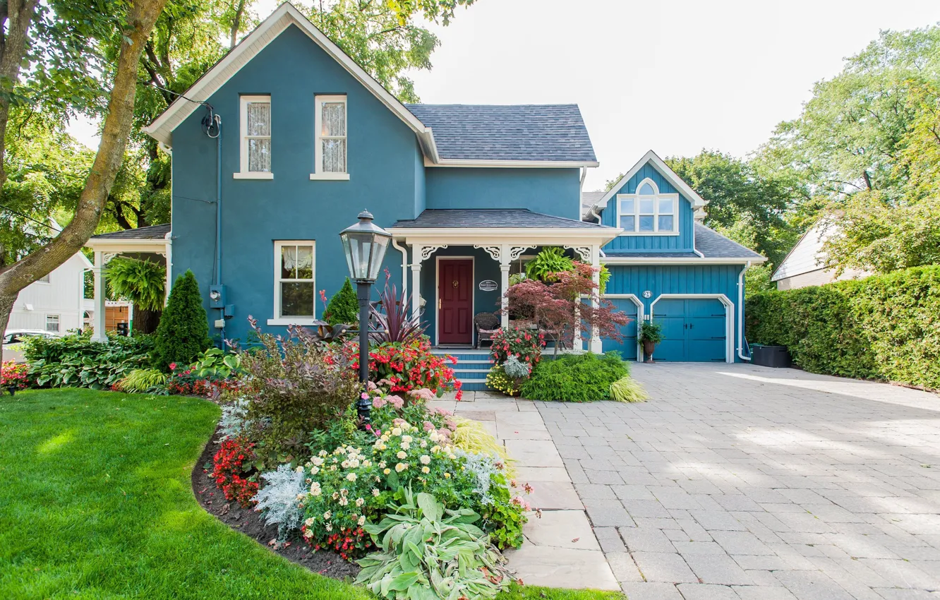 Photo wallpaper flowers, the city, home, garden, cottage, flowerbed