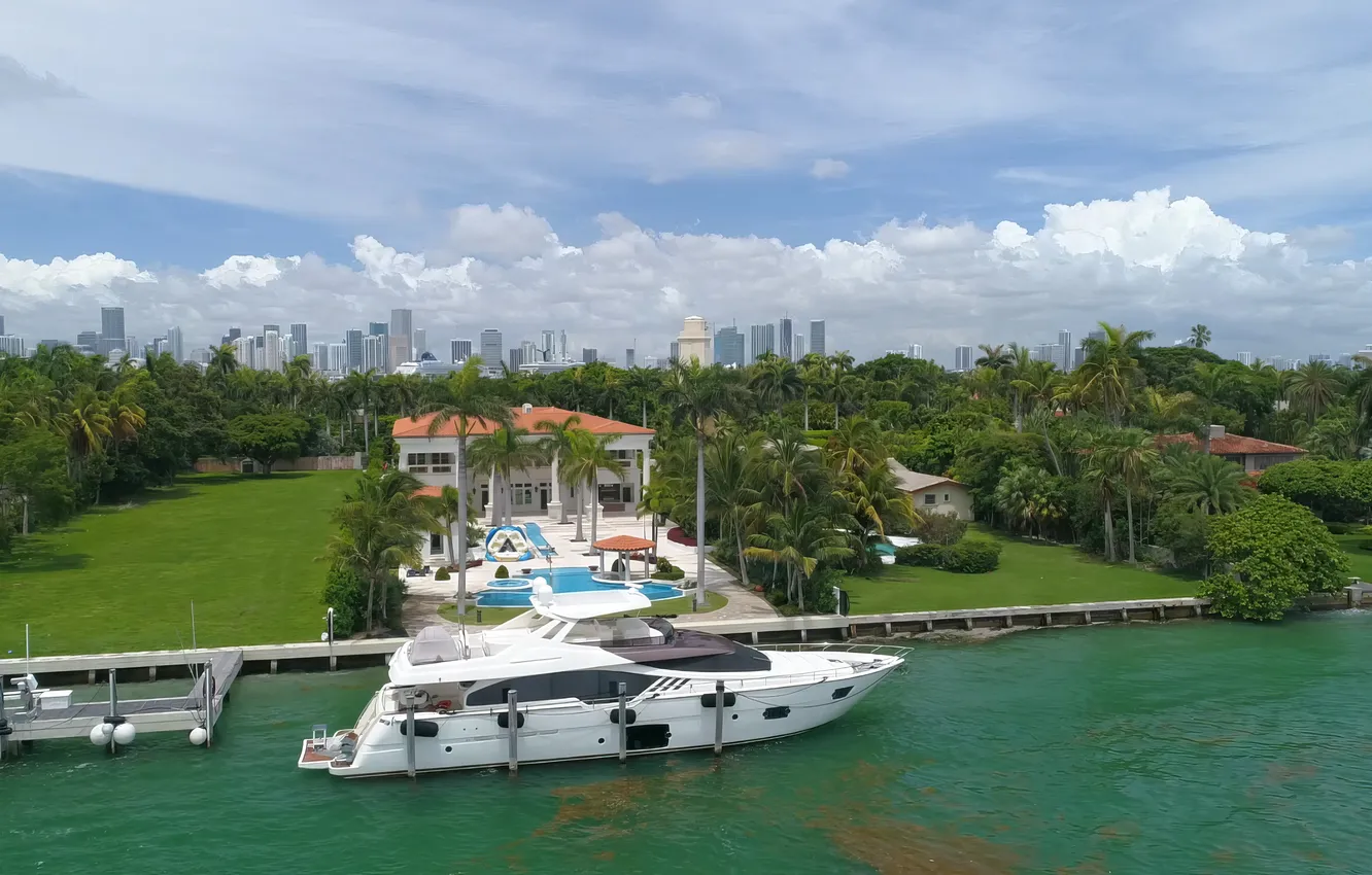 Photo wallpaper sea, city, the city, palm trees, Miami, yacht, Miami, sea