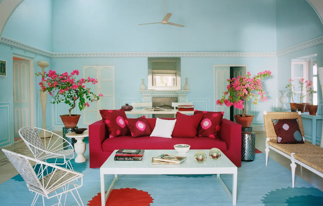 Photo wallpaper design, style, interior, fireplace, living room, light blue