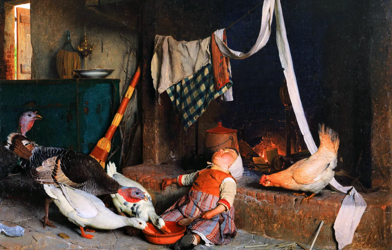 Photo wallpaper children, sleep, picture, chicken, ate, geese, turkeys, Italian artist
