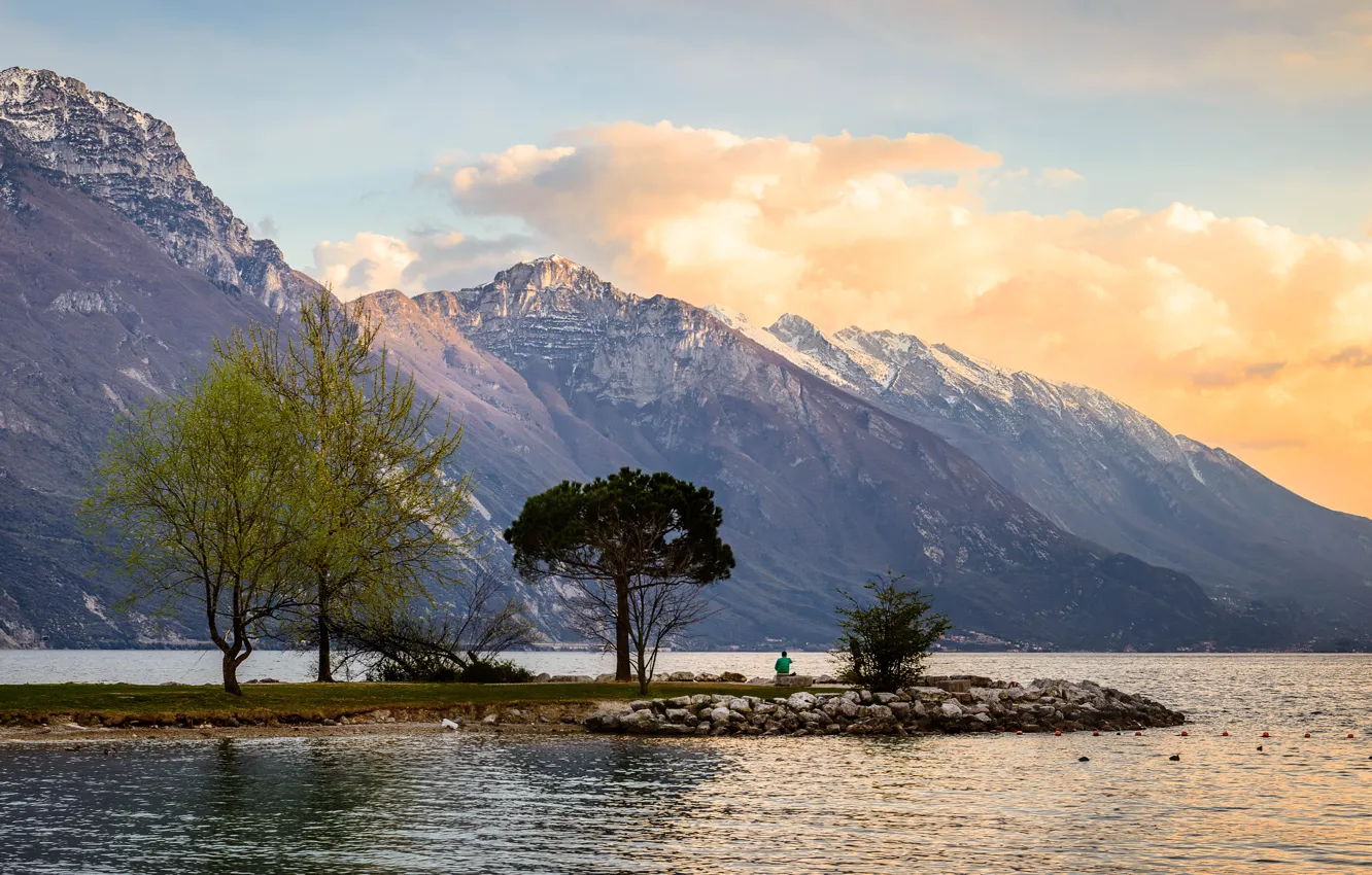 Photo wallpaper clouds, trees, landscape, mountains, nature, lake, Italy, Garda