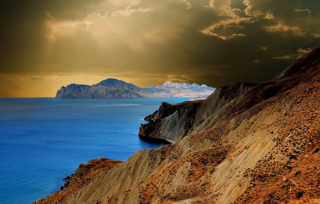 Photo wallpaper sea, the sky, clouds, mountains, clouds, island