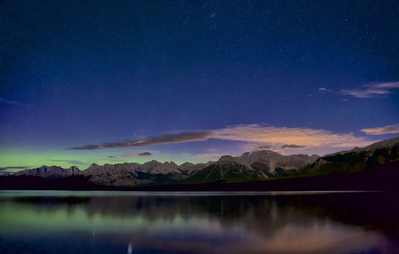 Photo wallpaper the sky, stars, landscape, mountains, panorama, pond