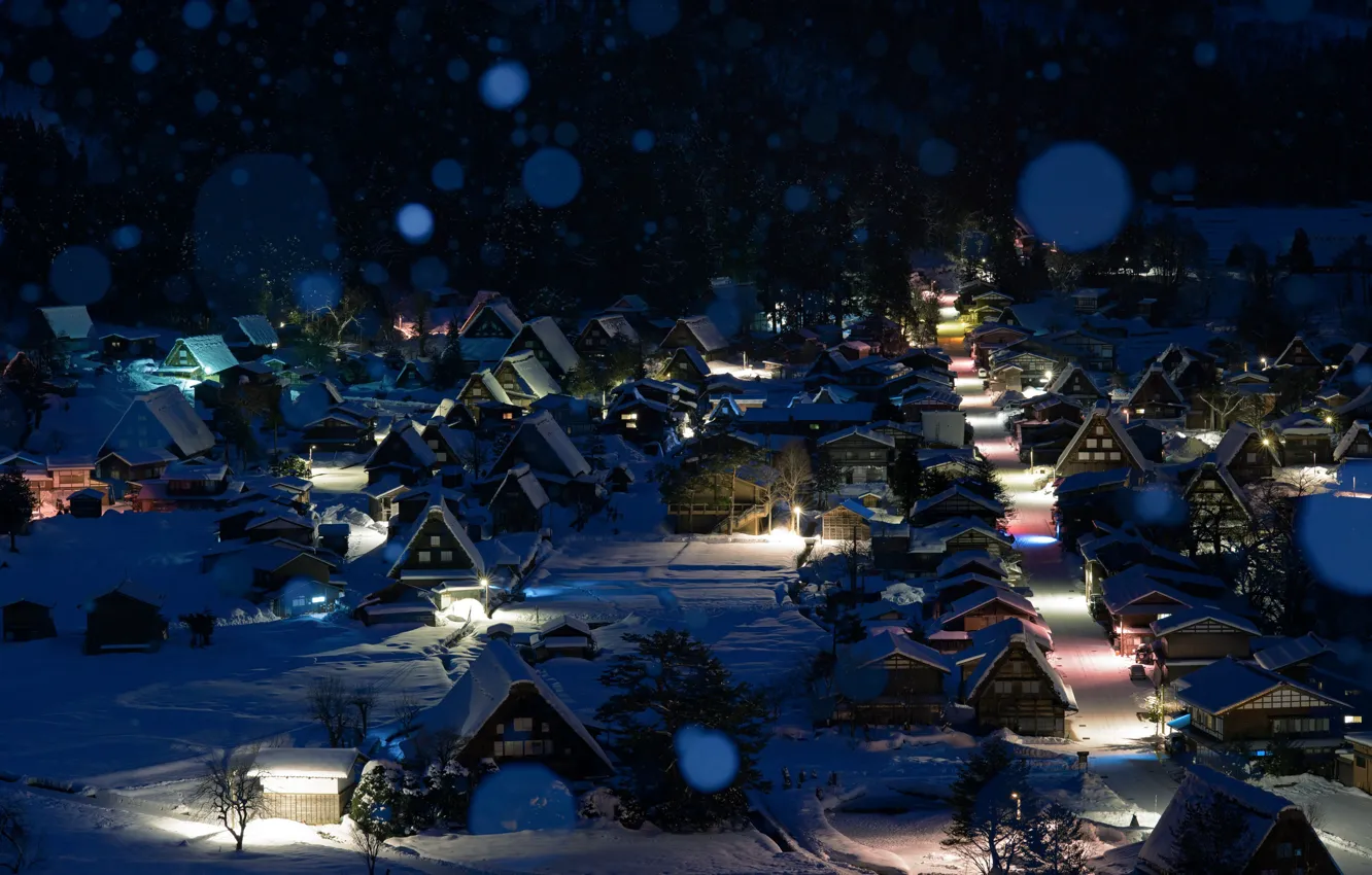 Photo wallpaper winter, snow, night, Japan, town, Shirakawa