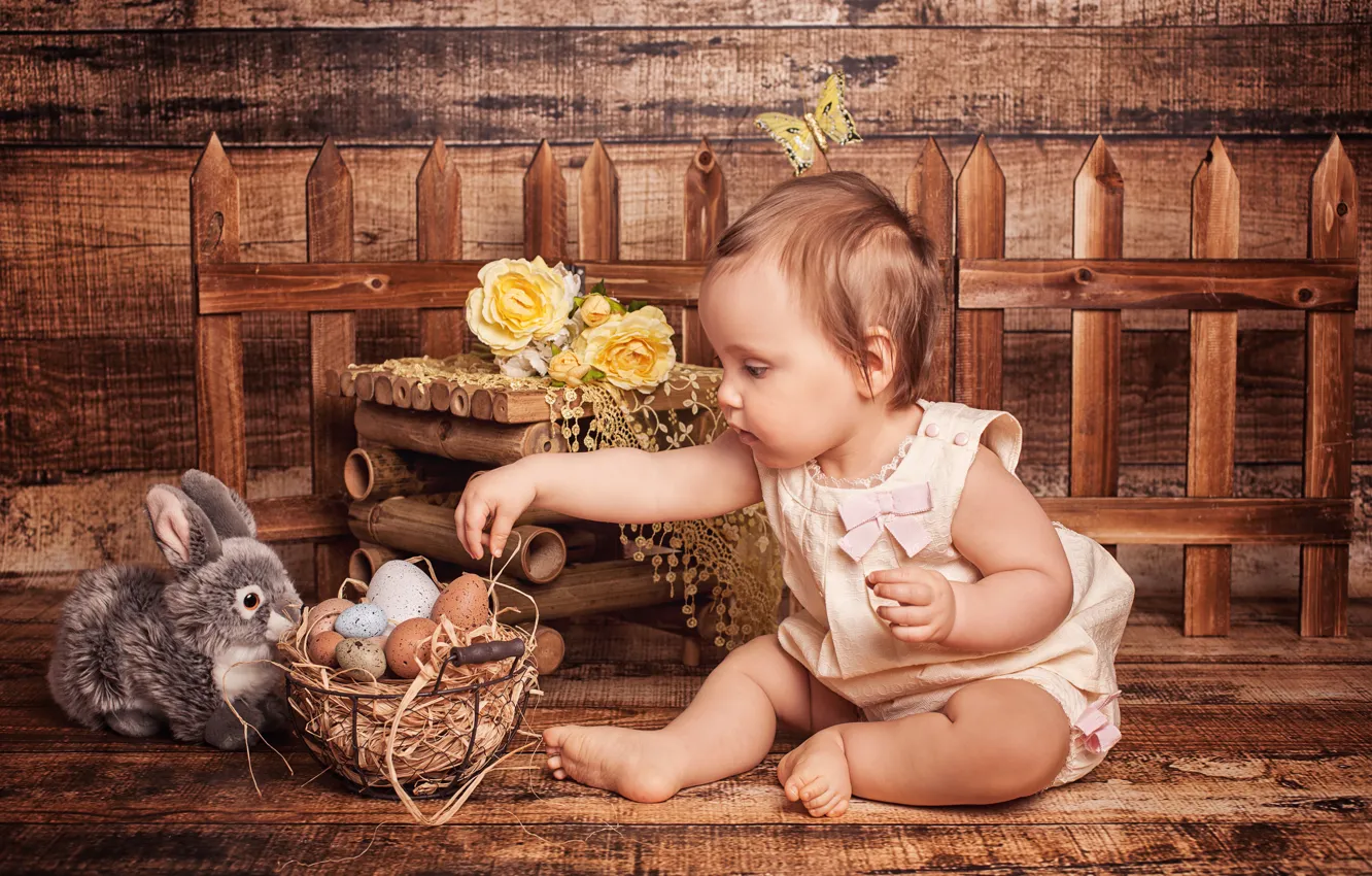 Photo wallpaper flowers, holiday, basket, toy, Board, the fence, roses, eggs