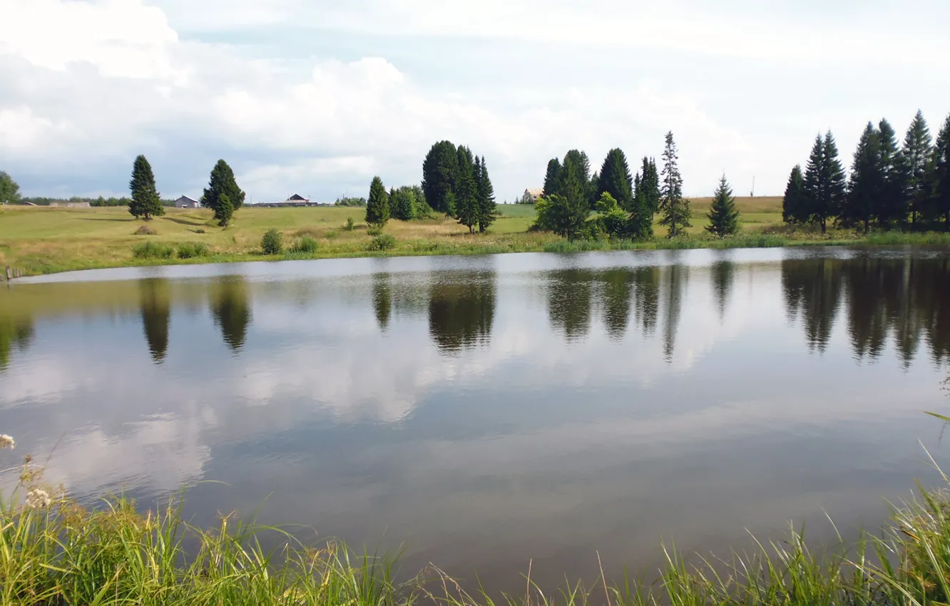 Photo wallpaper field, the sky, water, nature, pond, village