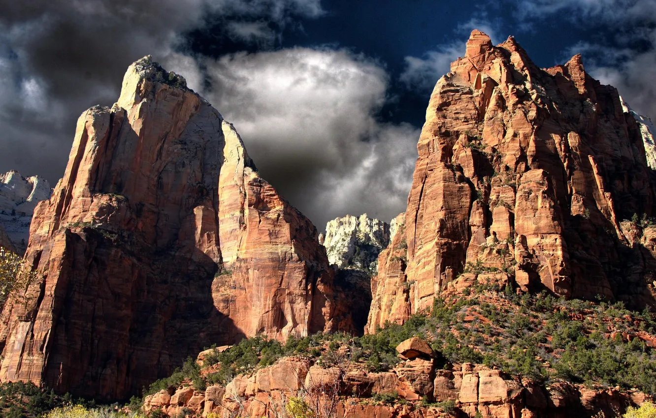 Photo wallpaper the sky, clouds, landscape, mountains, nature, rocks, plant, rock
