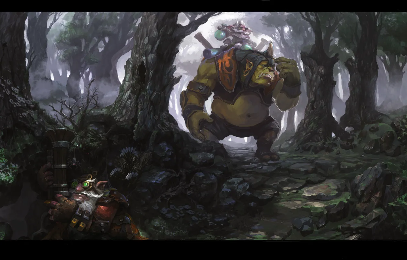 Photo wallpaper chase, art, sniper, DotA 2, artwork, dota 2, dark forest, Alchemist