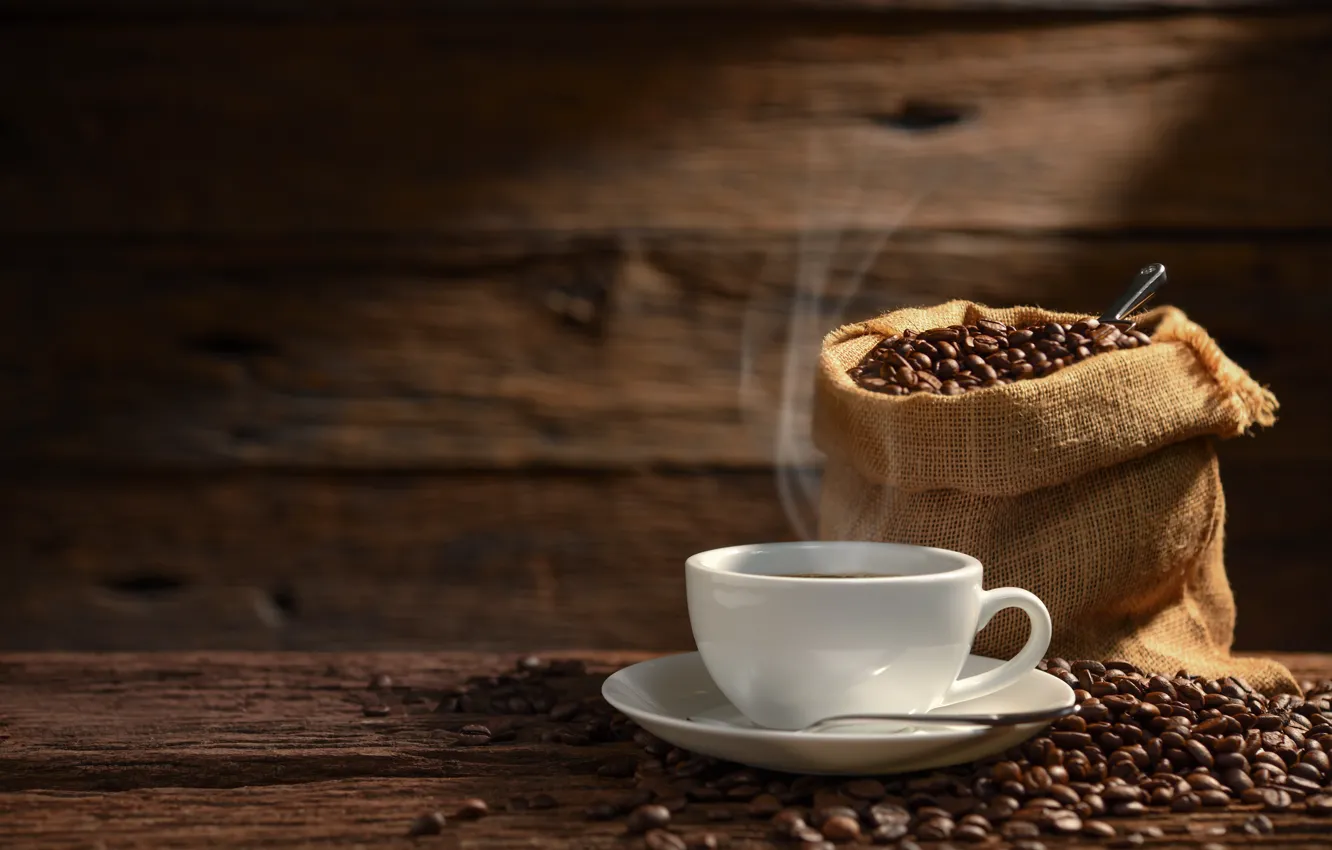 Photo wallpaper light, table, Board, coffee, hot, pair, spoon, mug