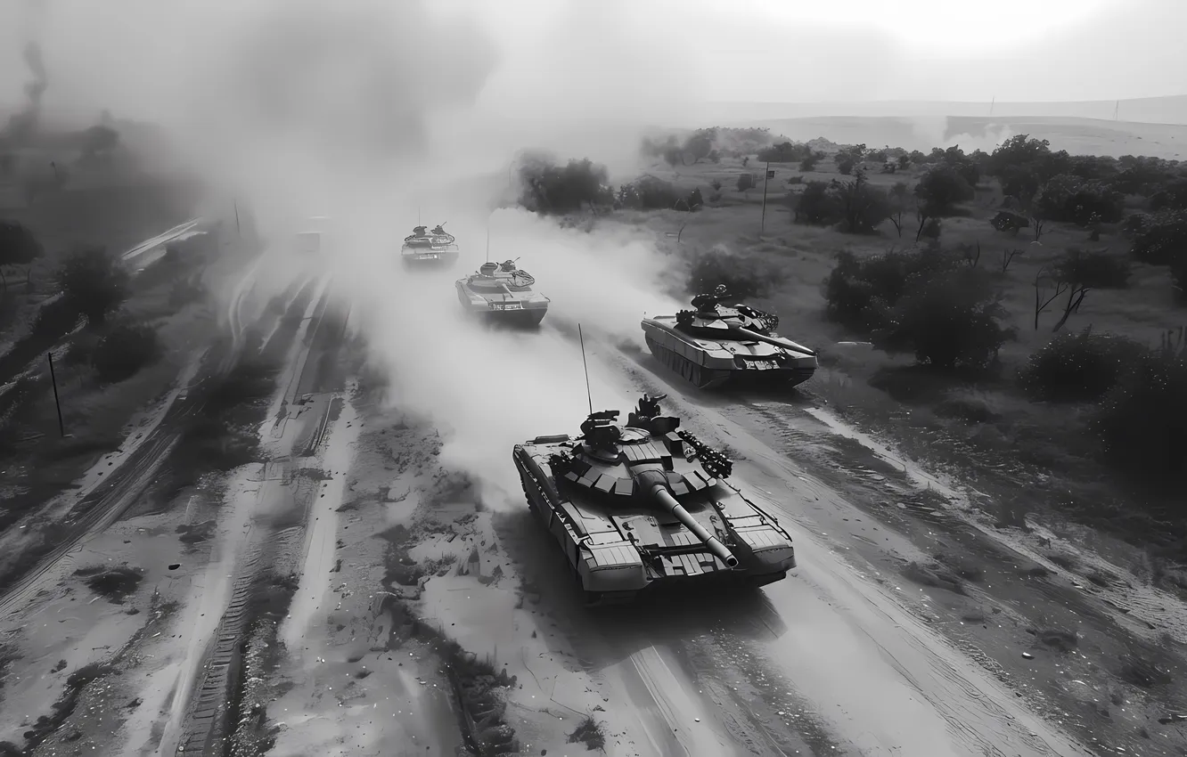 Photo wallpaper road, dust, tank, black and white, digital art, AI art, The Art of Artificial Intelligence, …
