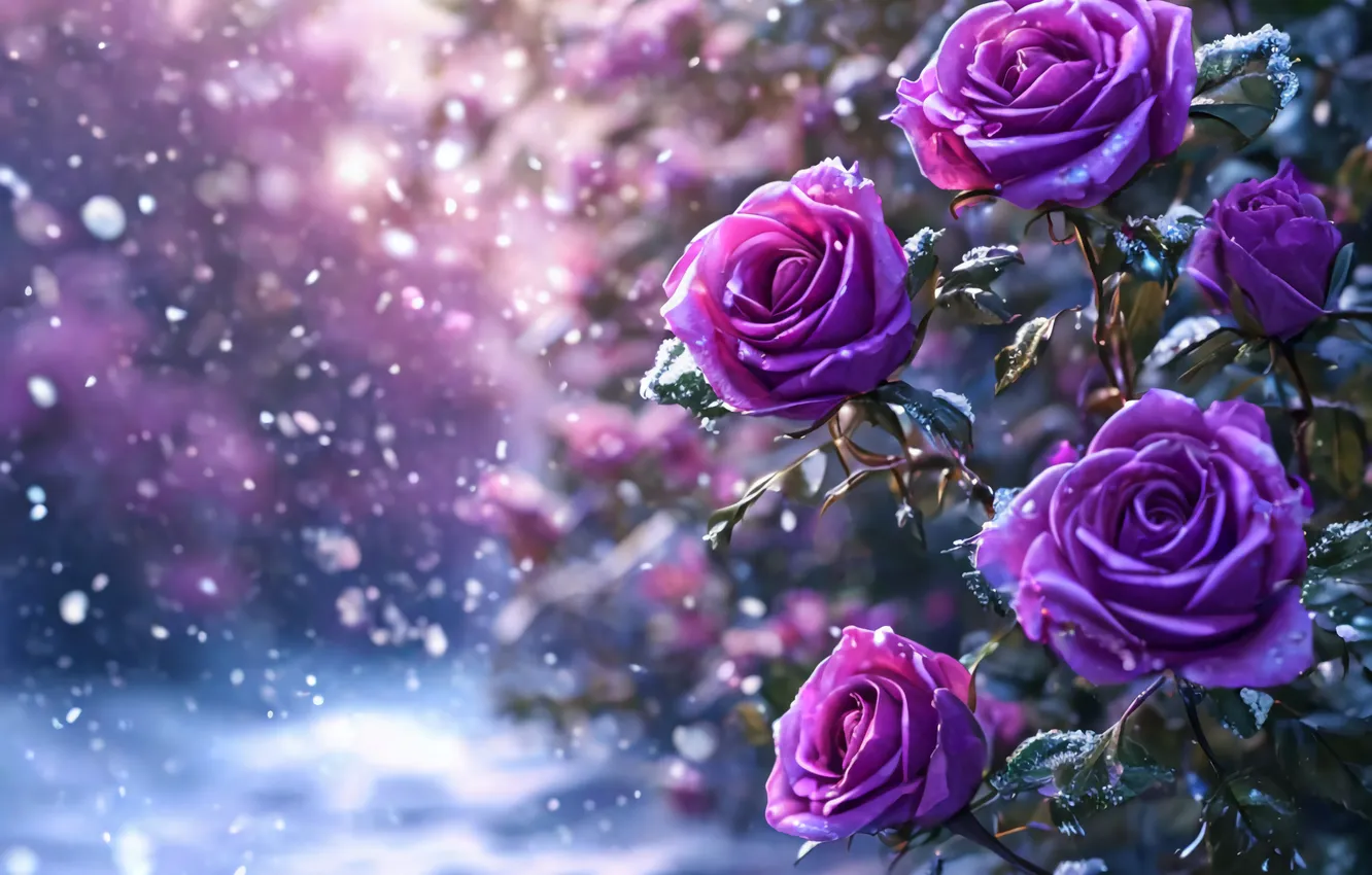 Photo wallpaper purple, snow, flowers, roses