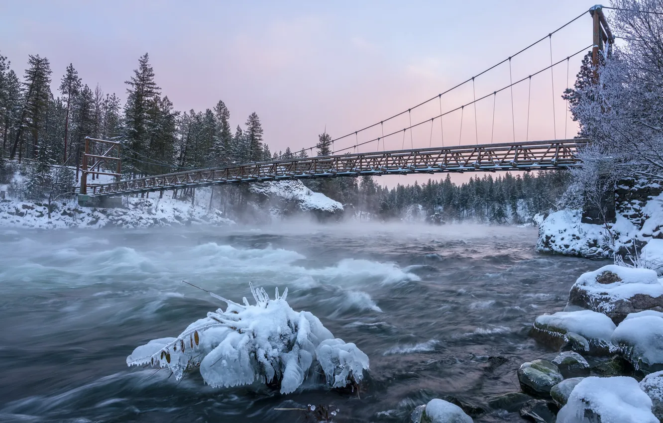 Photo wallpaper winter, bridge, river, morning