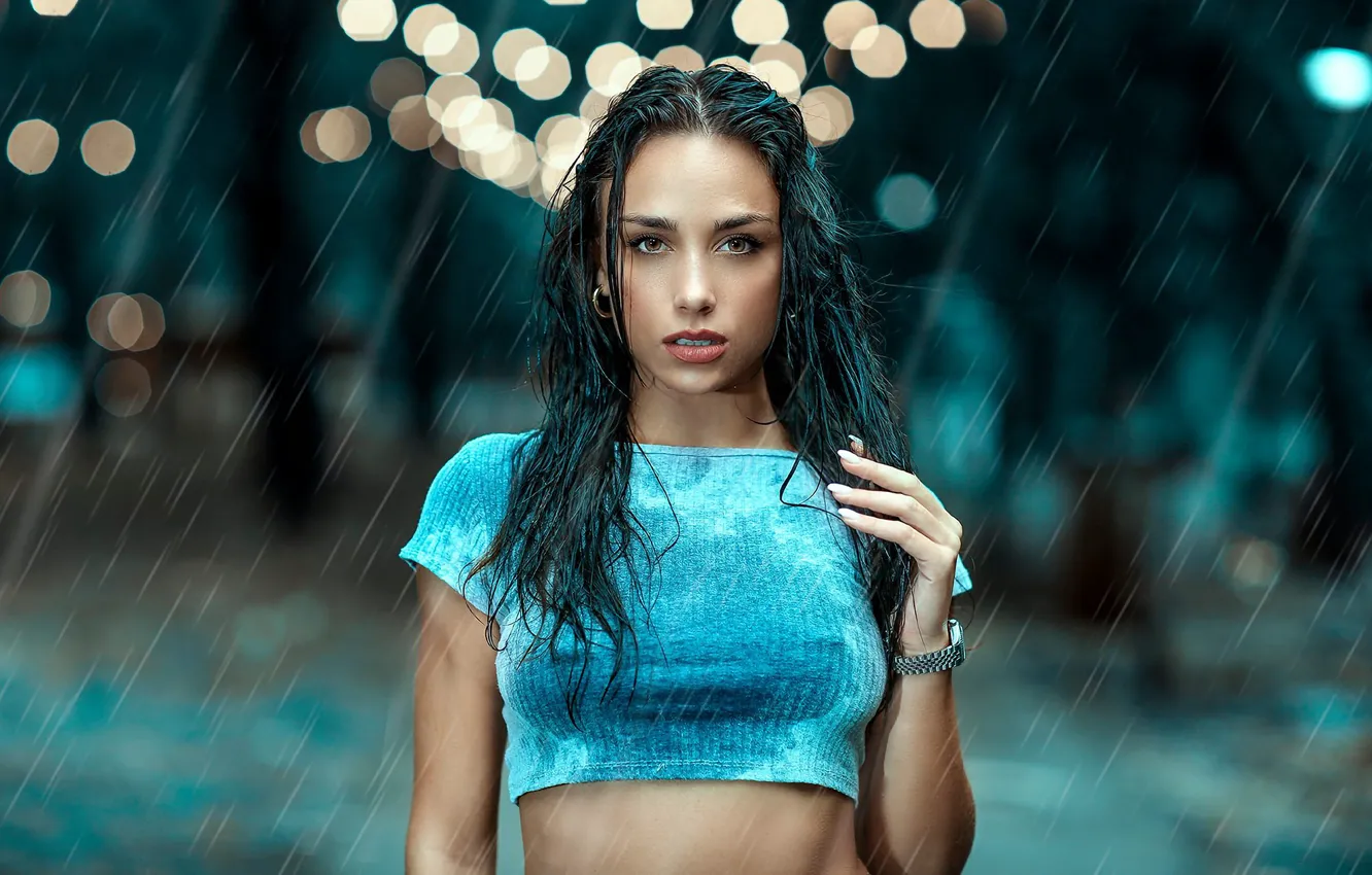 Photo wallpaper look, pose, glare, background, rain, model, portrait, wet