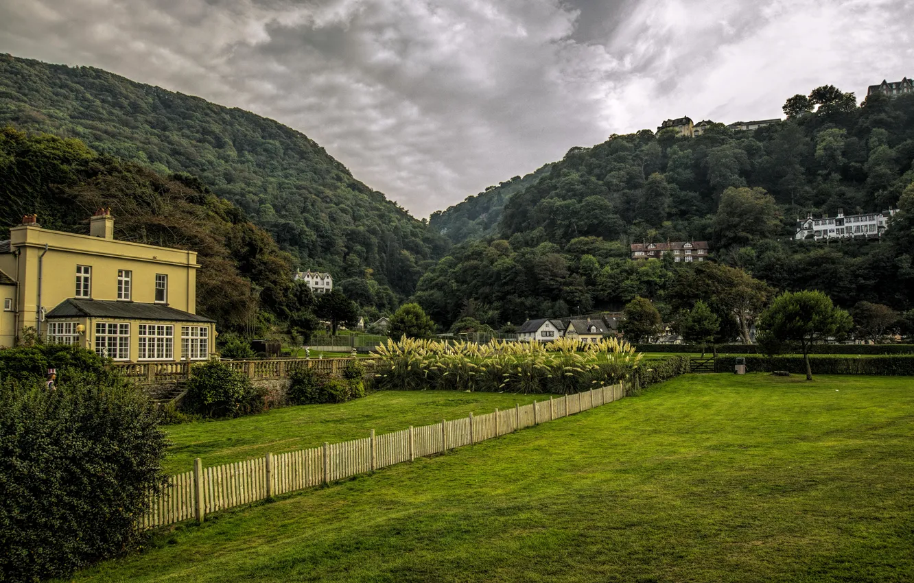 Photo wallpaper forest, trees, mountains, the fence, England, home, areas, Lynmouth