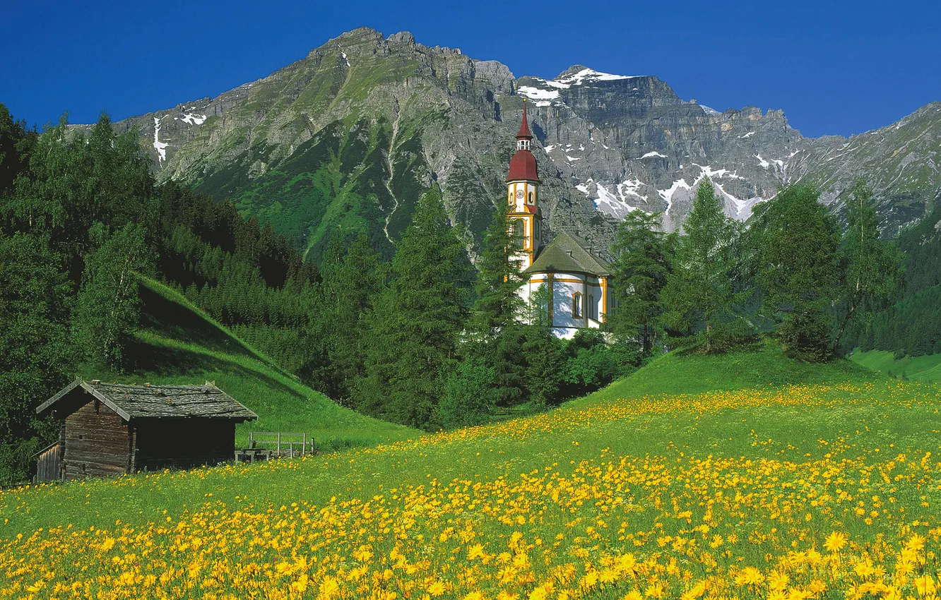 Photo wallpaper the sky, flowers, mountains, Austria, meadow, Church