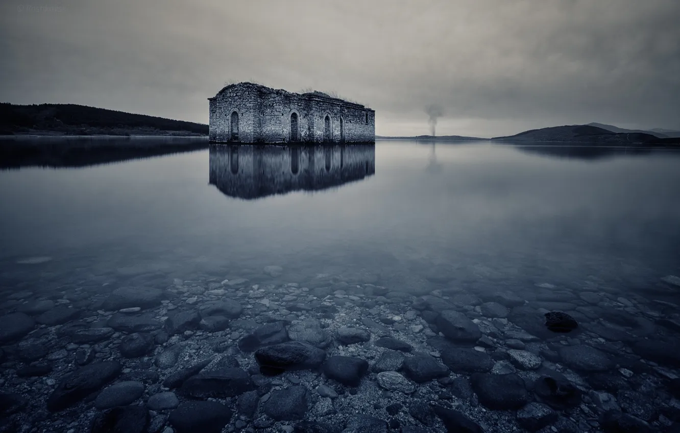 Photo wallpaper lake, reflection, mirror, Church, Bulgaria, gray clouds, Jrebchevo