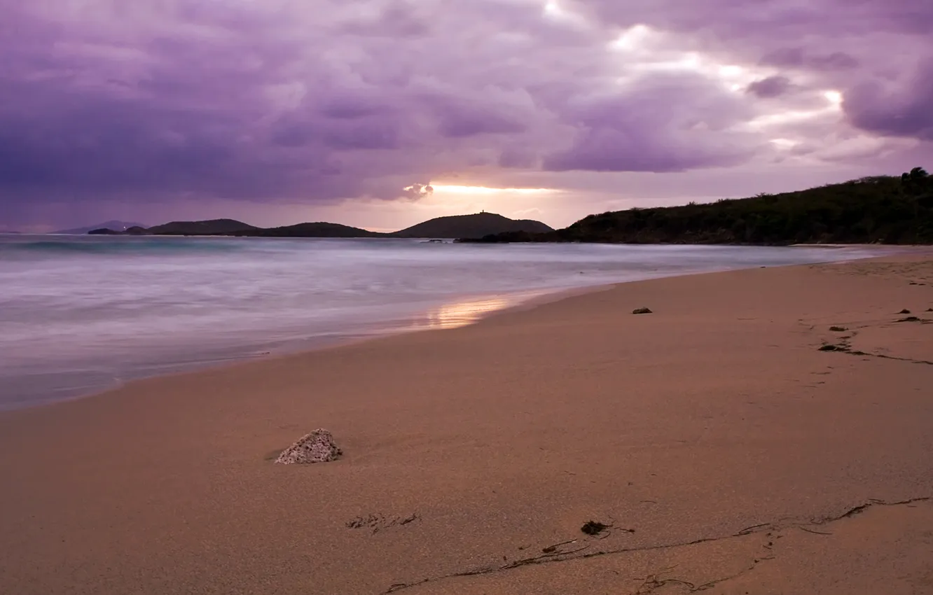Photo wallpaper sand, beach, sunset, clouds, shore, the evening, lilac, Puerto Rico