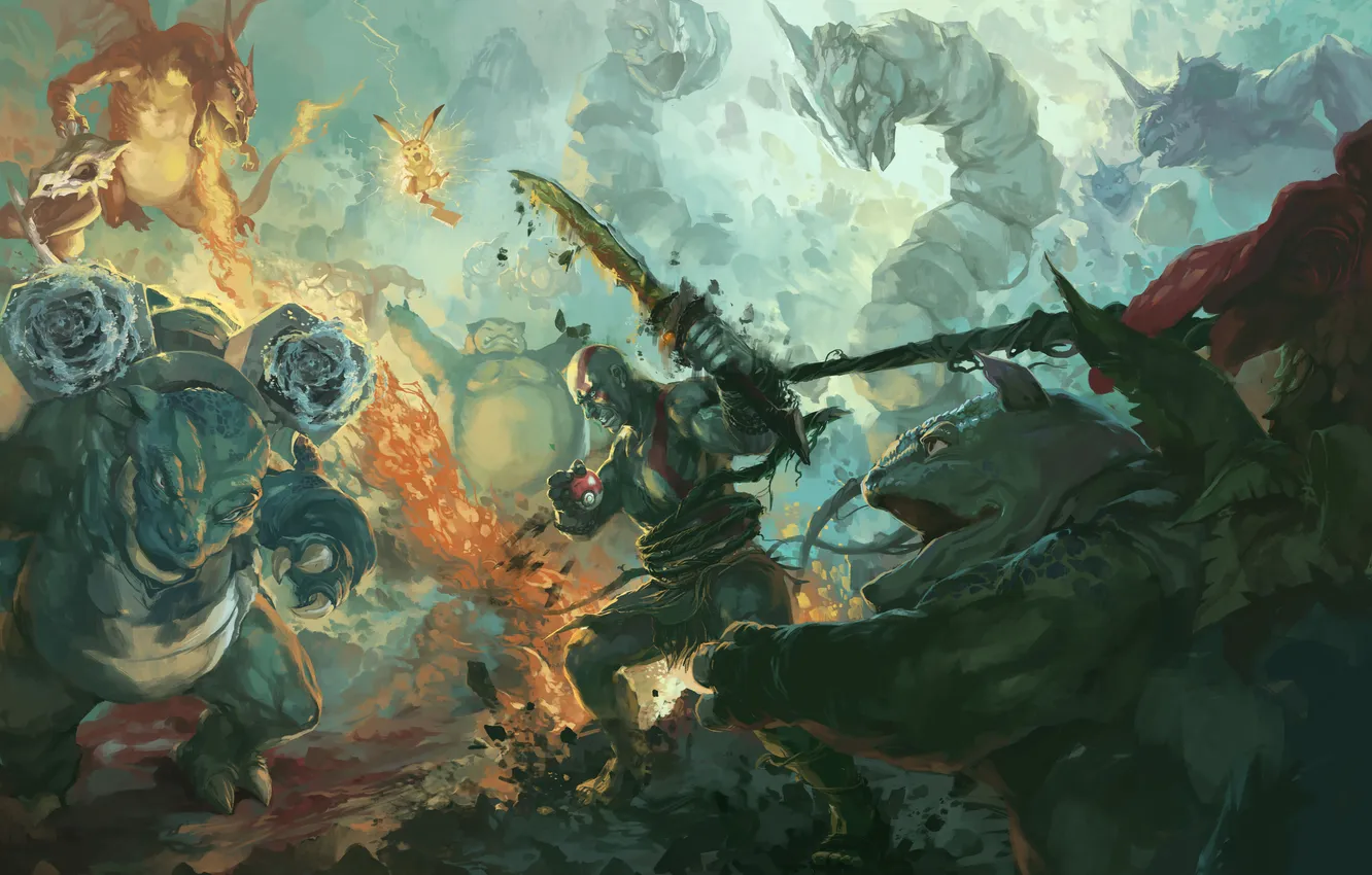Photo wallpaper Kratos, God of War, pokemon, Pikachu, Blastoise, Venusaur, Onix, Charizard