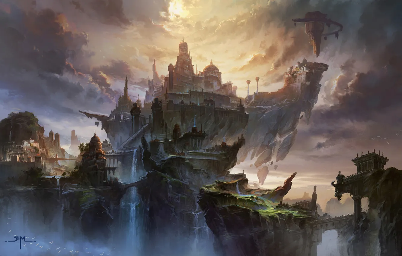 Photo wallpaper the sky, mountains, castle, bird, island, waterfall