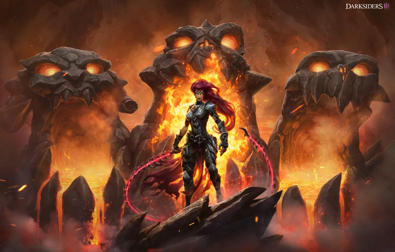 Photo wallpaper girl, lights, beast, stone heads, Darksiders III
