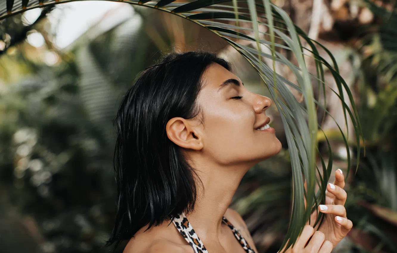 Photo wallpaper swimsuit, leaves, girl, branches, face, pose, tropics, brunette