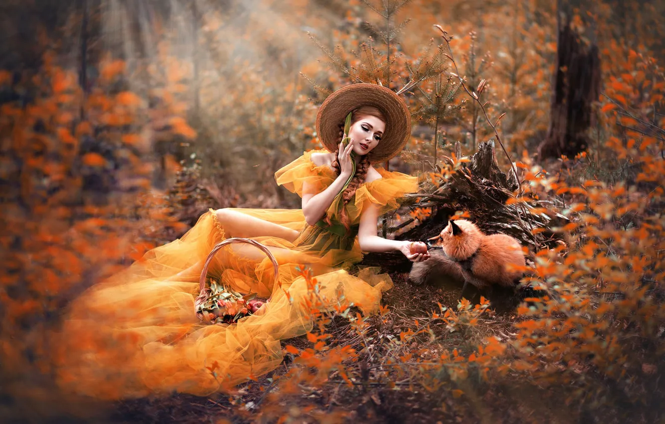 Photo wallpaper autumn, look, girl, rays, branches, nature, face, pose
