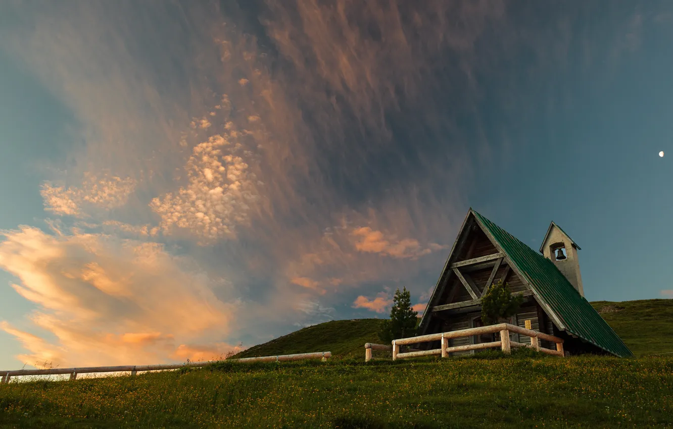 Photo wallpaper field, summer, the sky, clouds, light, flowers, hills, the moon