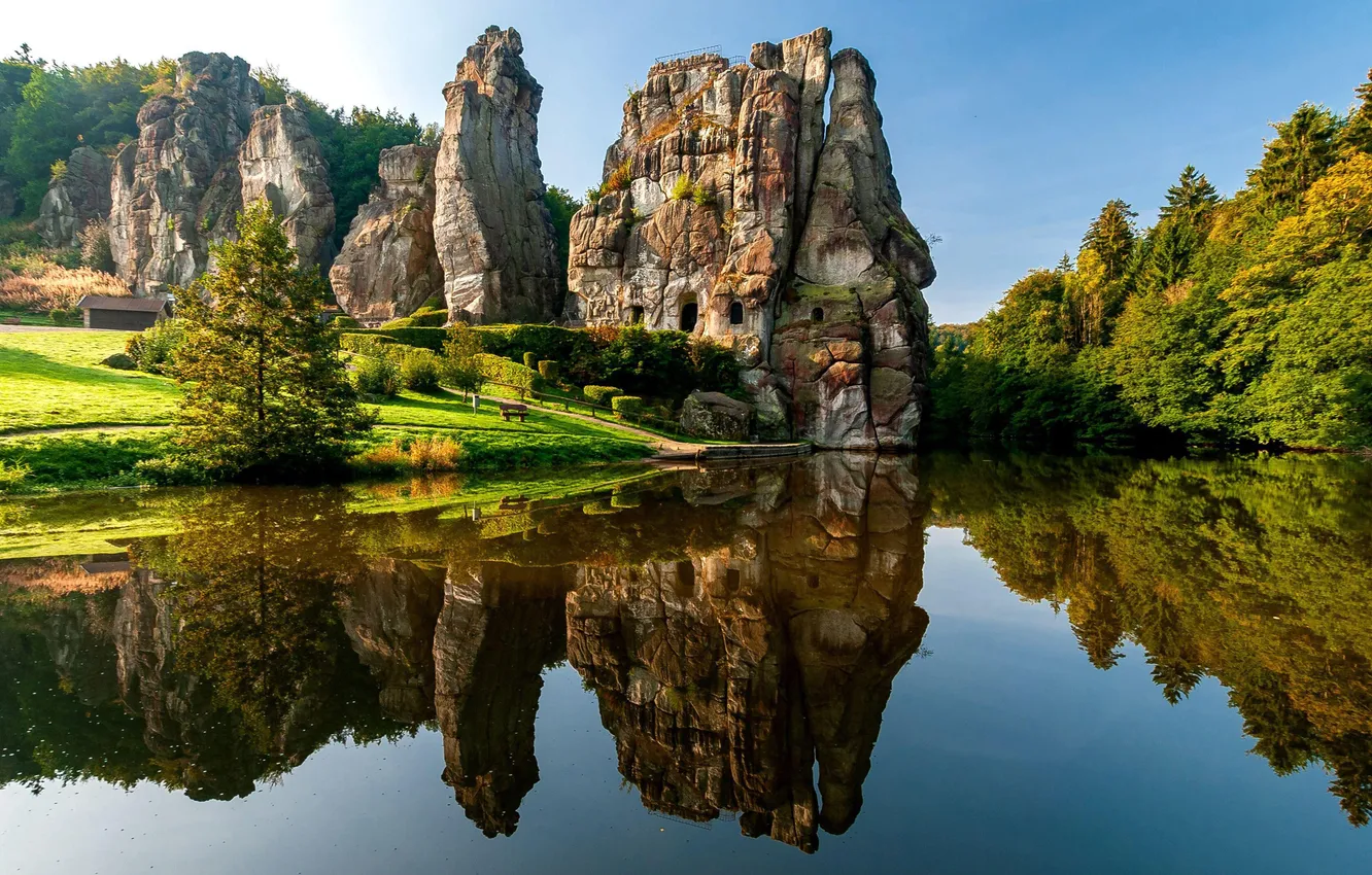 Photo wallpaper lake, the reflection in the water, North Rhine-Westphalia, Teutoburg forest, Externstein, Externsteine, Teutoburg Forest, Beauty …
