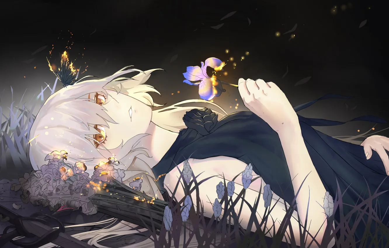 Photo wallpaper flower, girl, night, butterfly, iris, Fate / Grand Order, The destiny of a great campaign