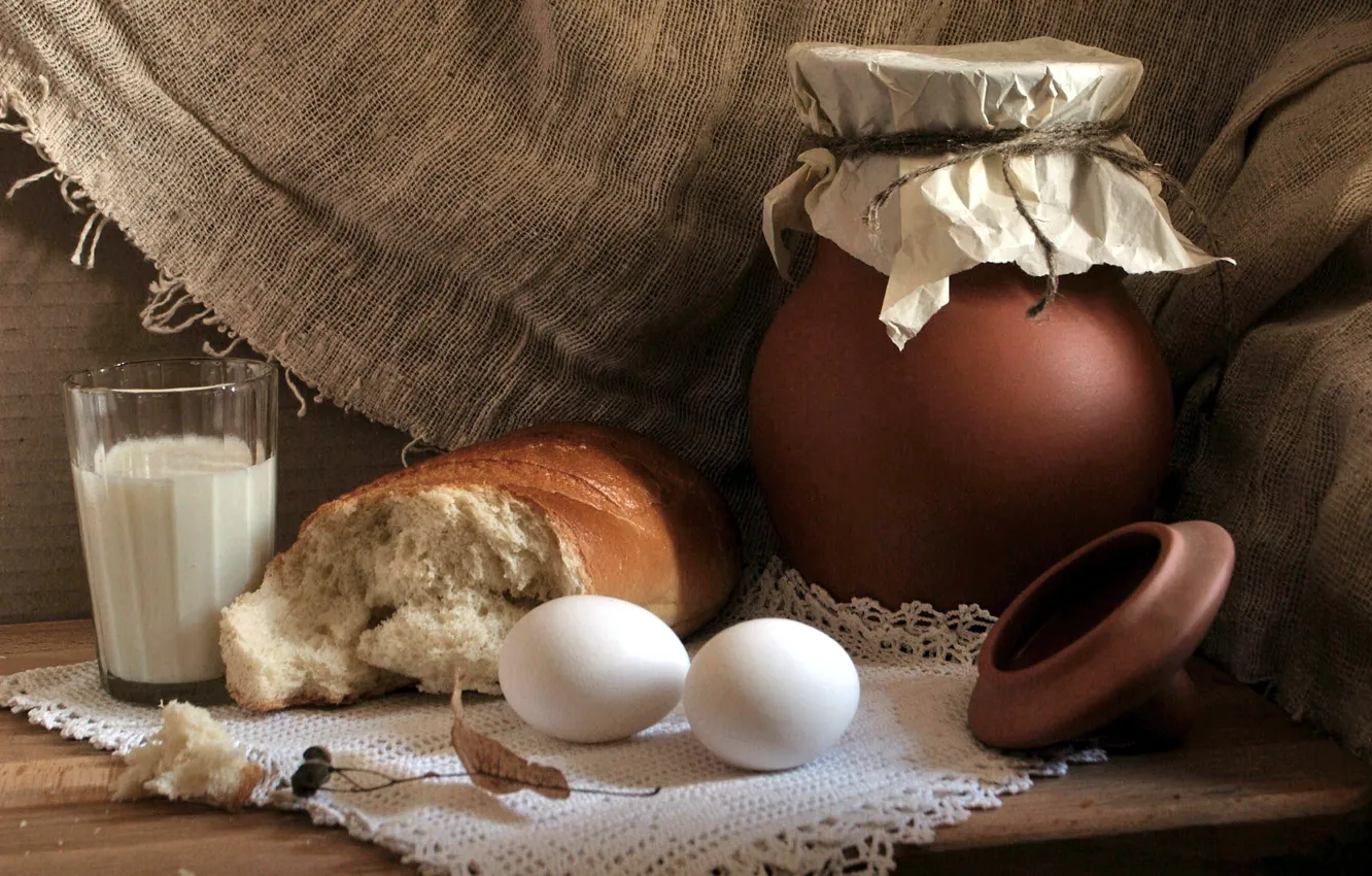 Photo wallpaper eggs, milk, bread