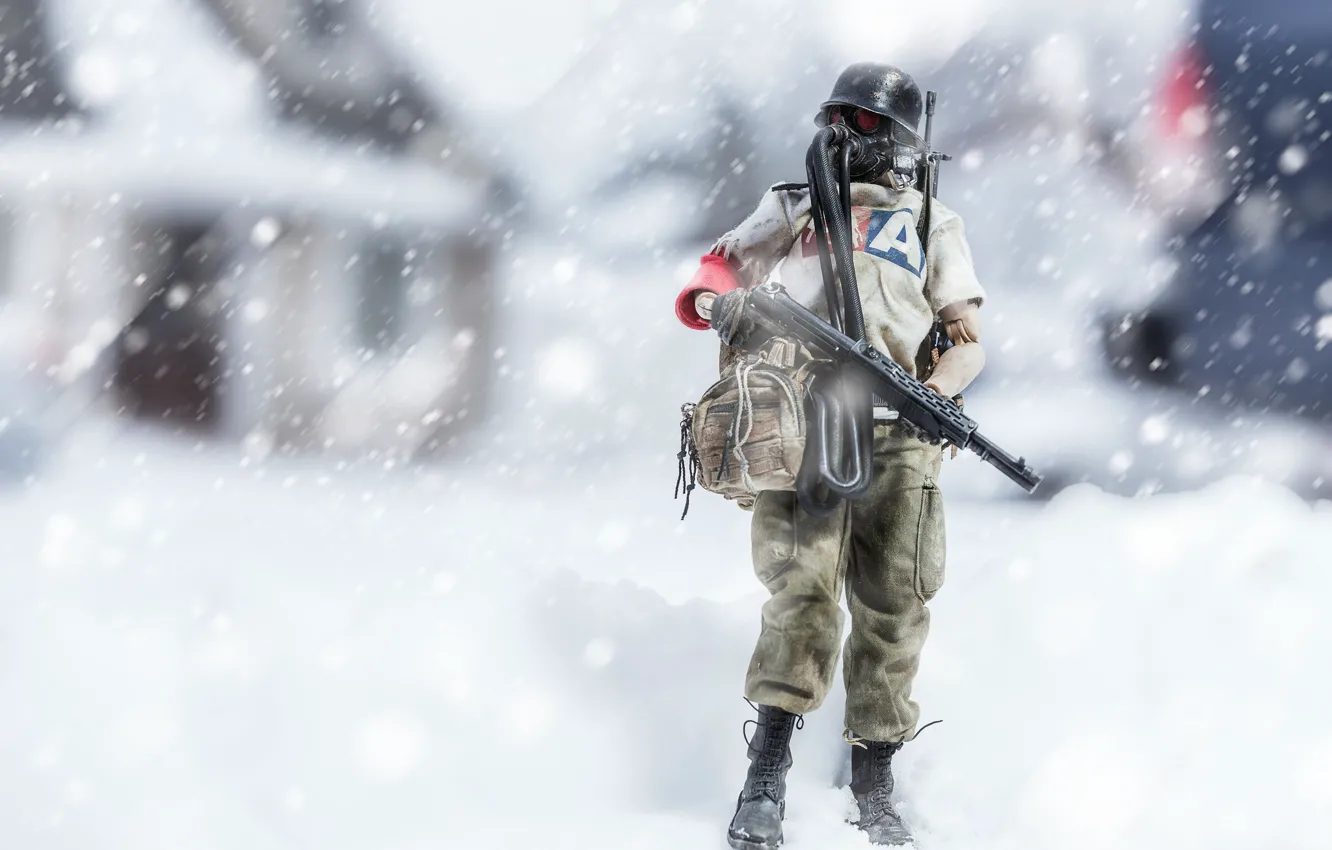 Photo wallpaper snow, toy, soldiers, figurine