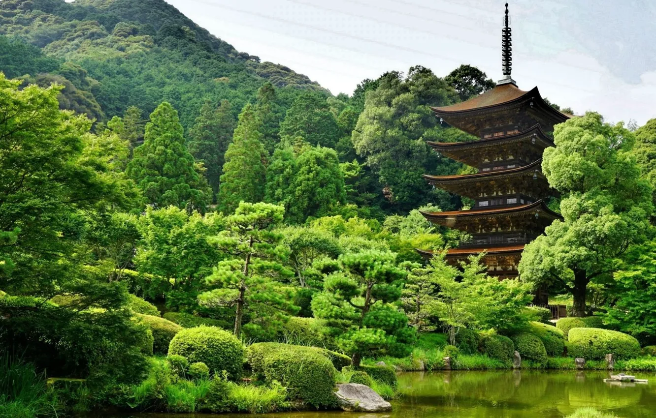 Photo wallpaper pond, pagoda, Japan, Yamaguchi, the green of the nature