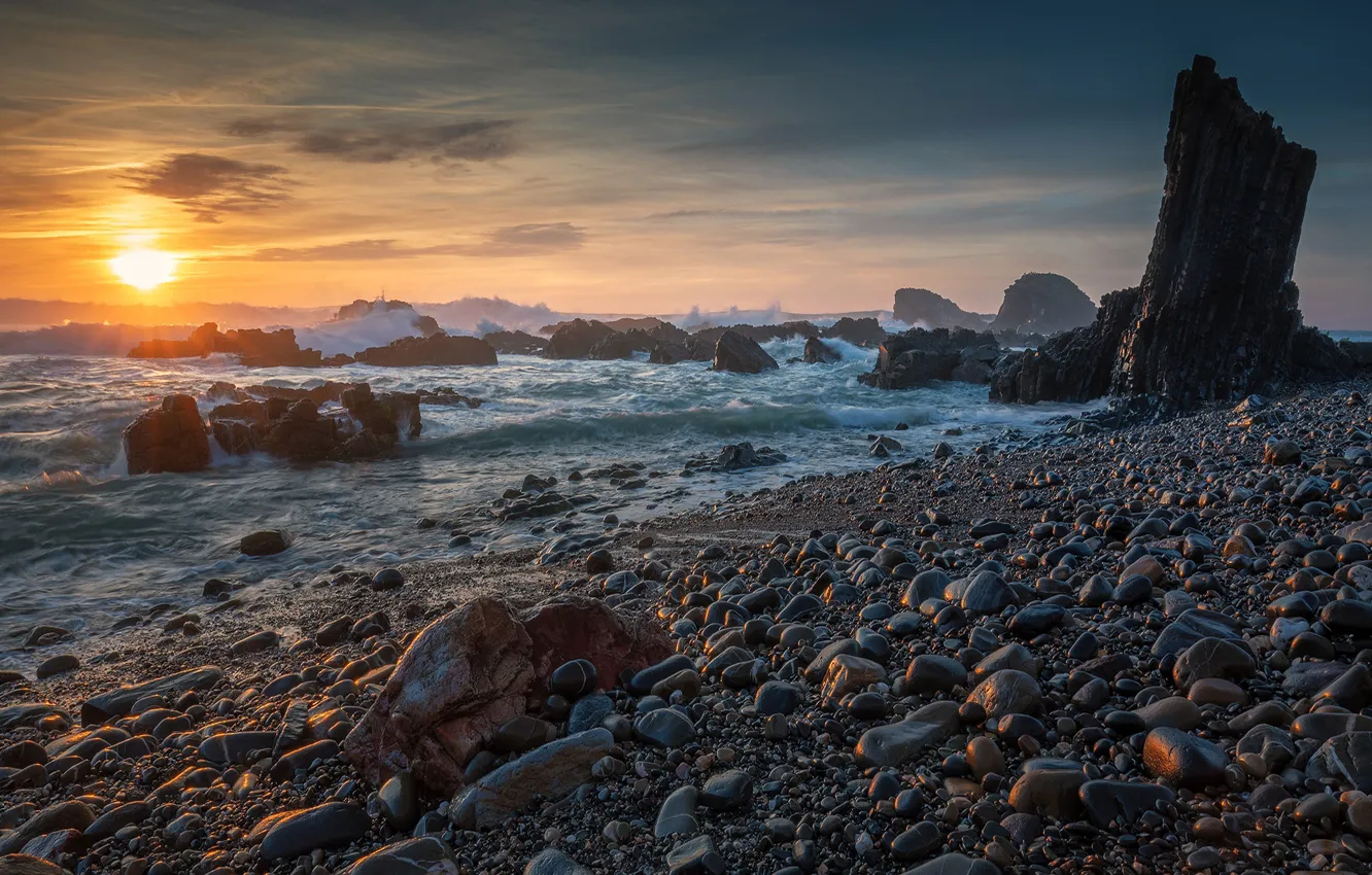 Photo wallpaper sea, wave, beach, the sun, sunset, pebbles, stones, rocks
