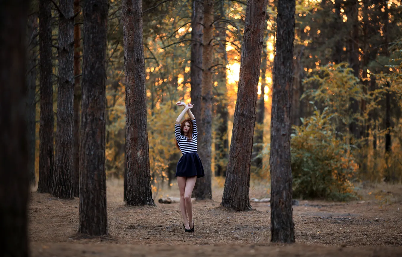 Photo wallpaper forest, girl, legs, skirt, Murat Kuzhakhmetov