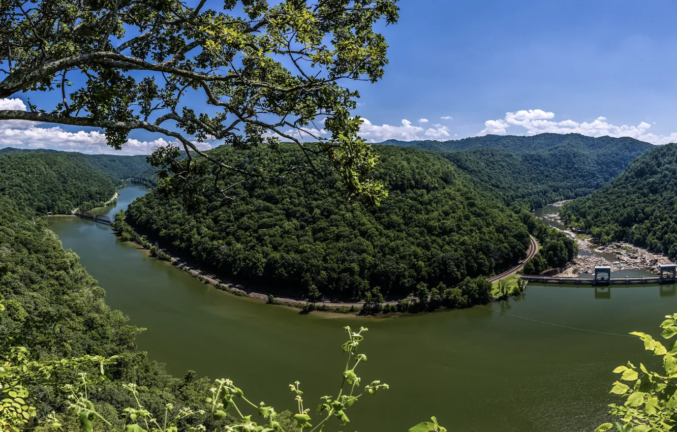 Photo wallpaper forest, river, panorama, bridges, New River Gorge, West Virginia, West Virginia, New River