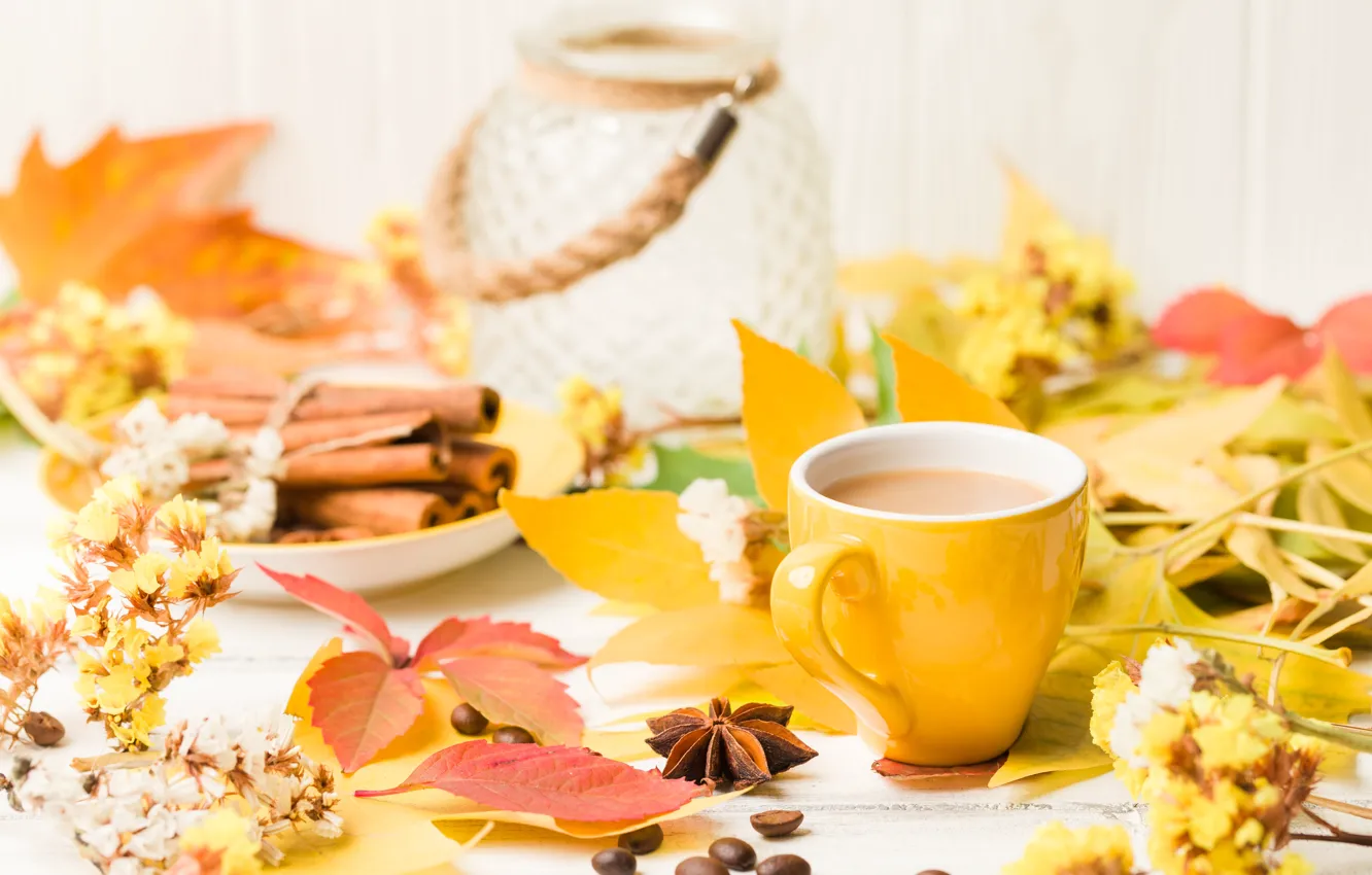 Photo wallpaper autumn, leaves, coffee, Cup, cinnamon, composition, Roman Osadchiy