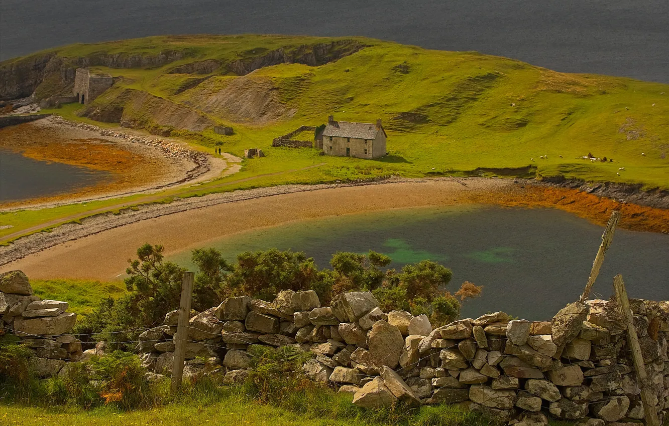 Photo wallpaper house, stones, the fence, Scotland, the Peninsula, lake Eriboll