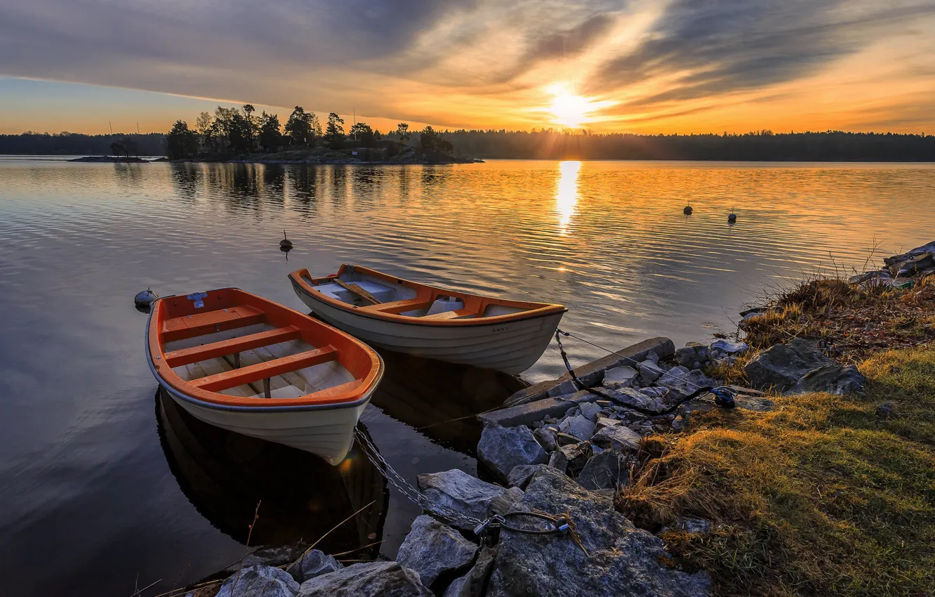 Photo wallpaper sunset, lake, boat