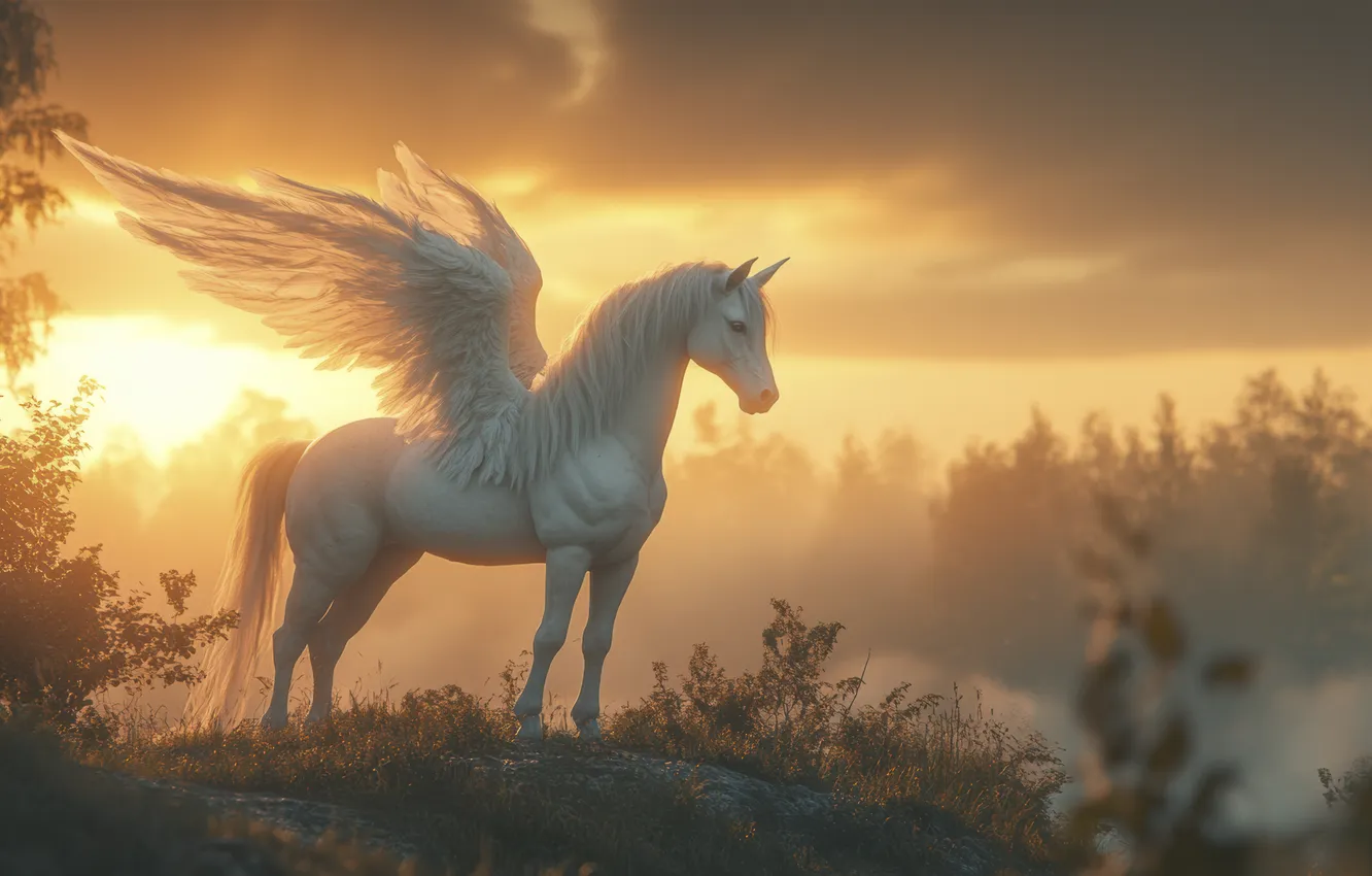 Photo wallpaper clouds, trees, dawn, horse, wings, Pegasus, digital art, AI art