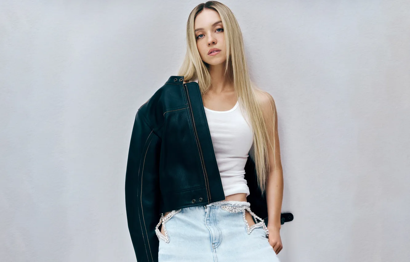 Photo wallpaper jeans, portrait, jacket, vest, Photoshoot, American actress, Blonde girl, Sydney Sweeney