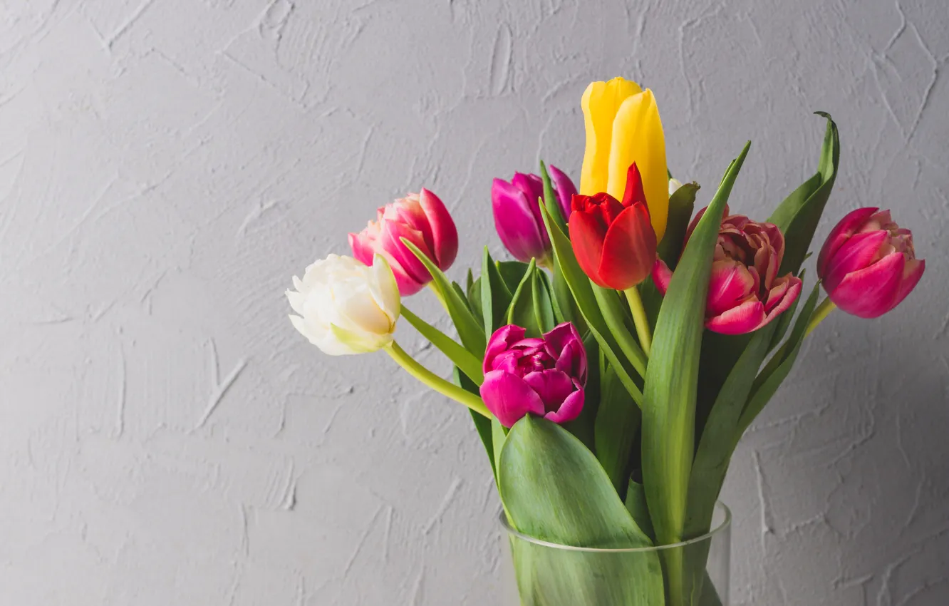 Photo wallpaper flowers, bright, bouquet, spring, colorful, tulips, fresh, flowers