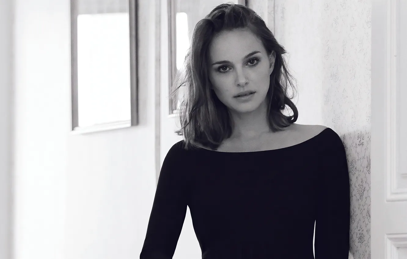 Photo wallpaper look, pose, actress, Natalie Portman, Natalie Portman, black and white photo