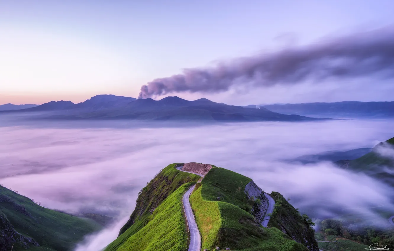 Photo wallpaper road, mountains, morning, the volcano, Japan