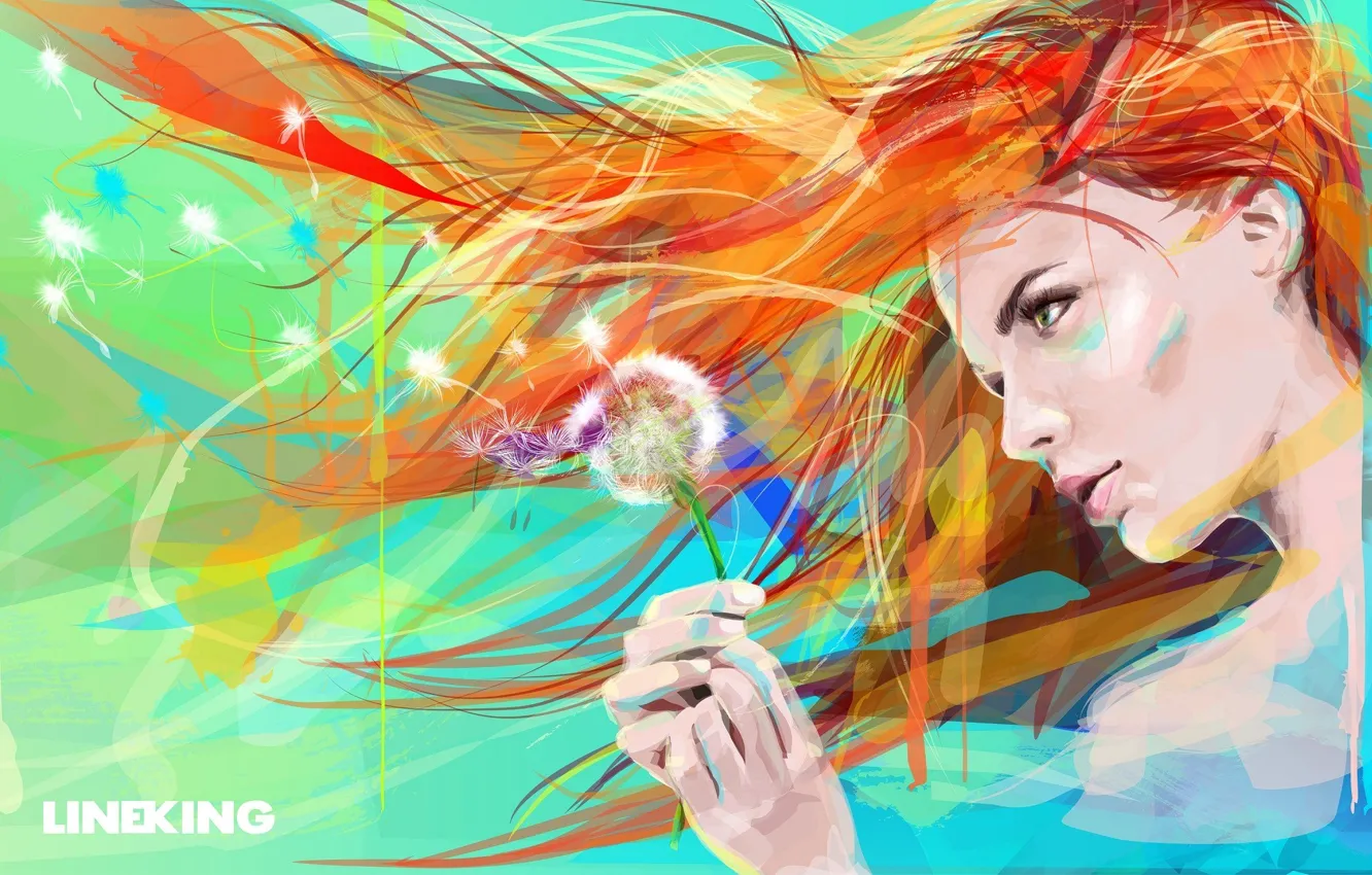Photo wallpaper flower, eyes, girl, face, dandelion, paint, hair, figure